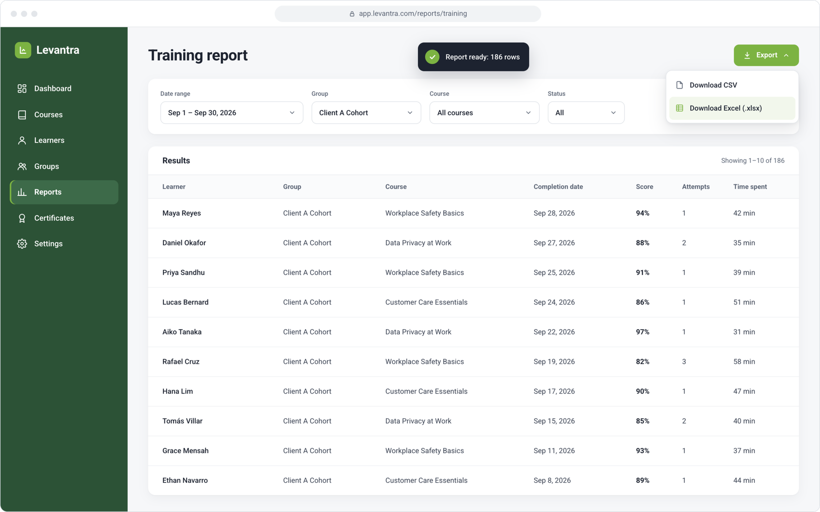 Filtering and exporting a training report to CSV or Excel in Levantra cloud based LMS