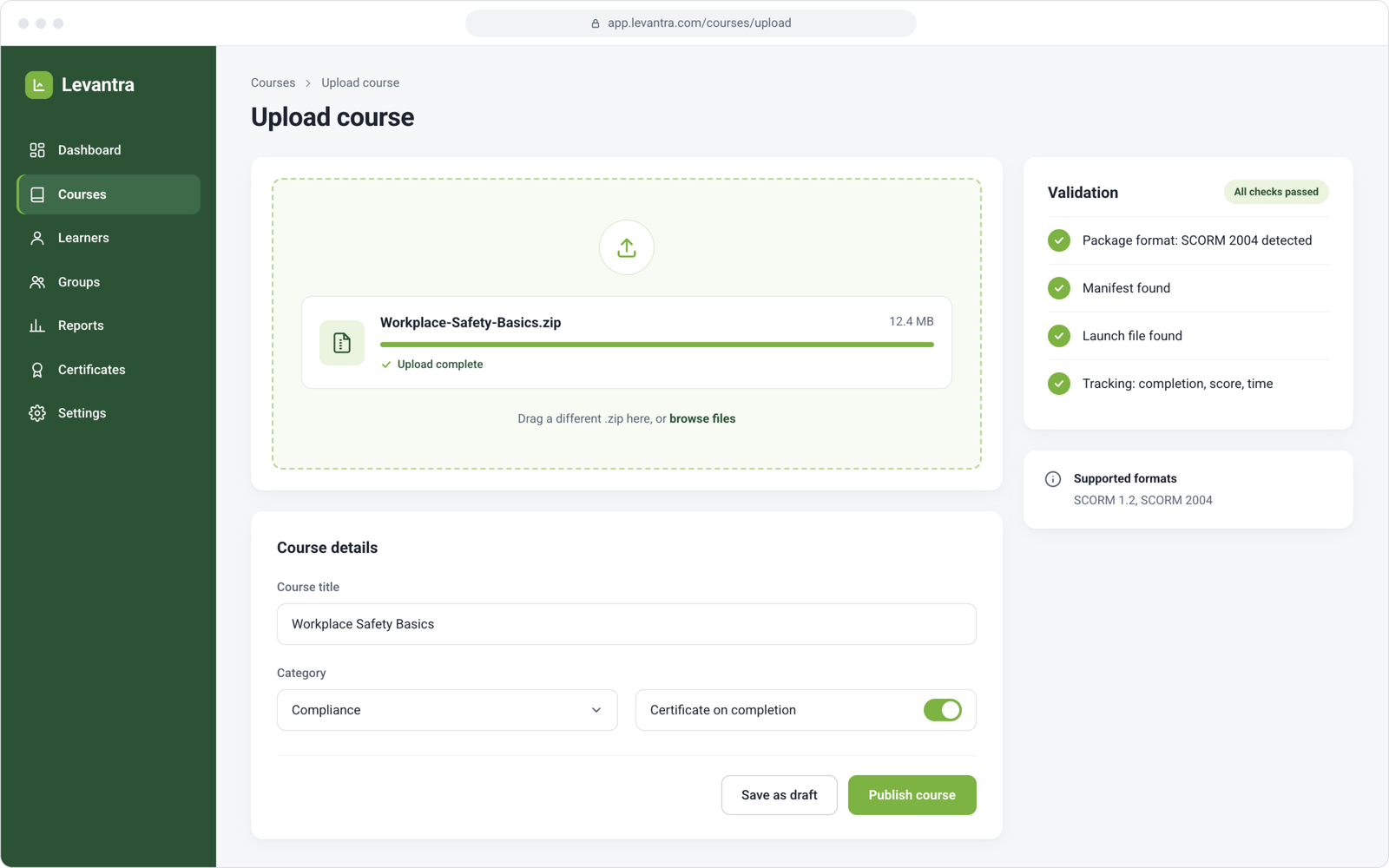Uploading and validating a SCORM course in Levantra cloud based LMS